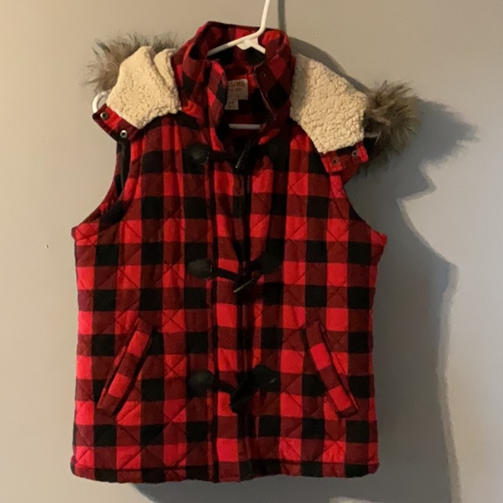 Plaid Red and Black Women's Vest with Faux Fur Trim